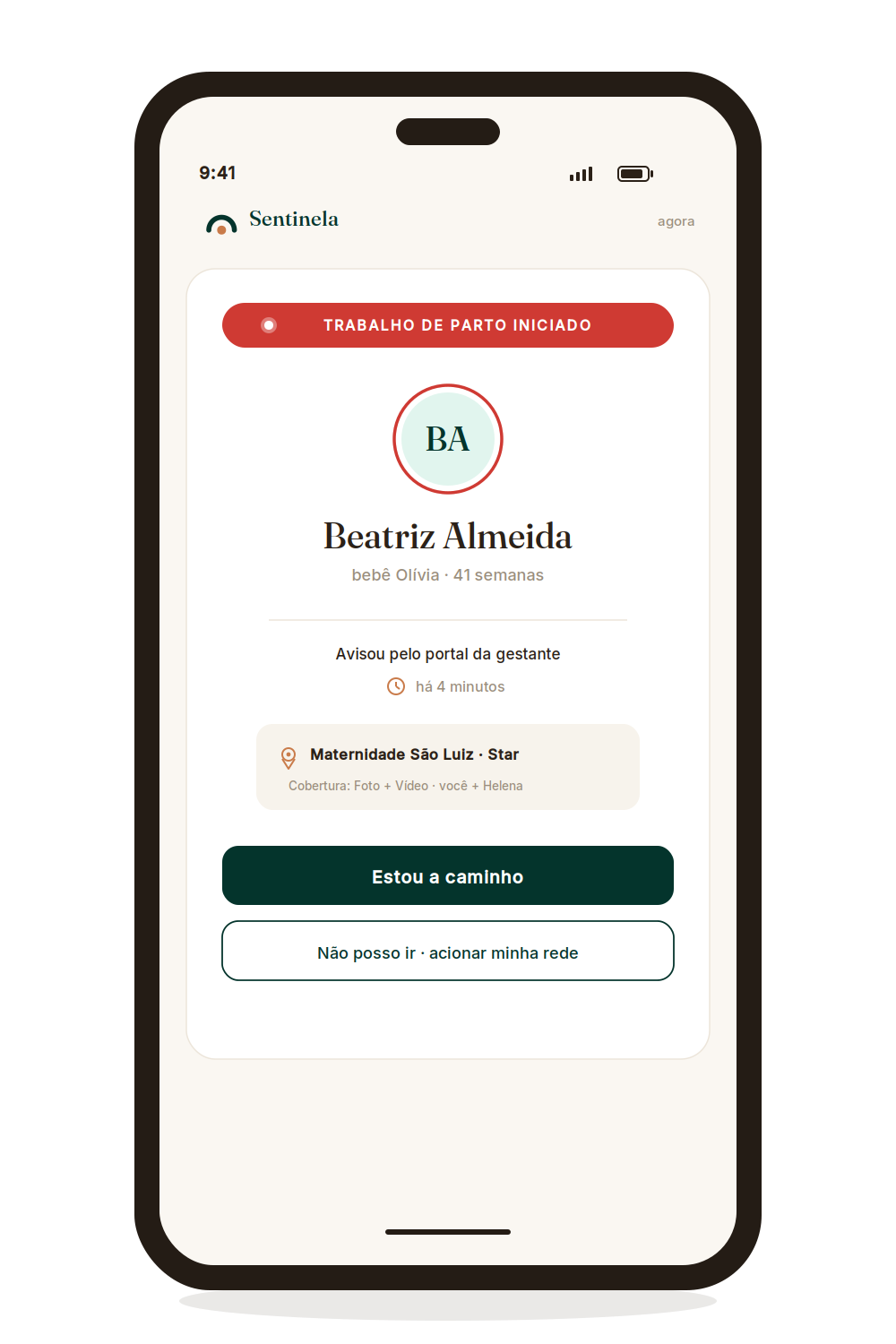 Celular mostrando o alerta de trabalho de parto iniciado na Sentinela